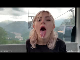 Teen swallows loads of cum on a cable car public blowjob Eva Elf